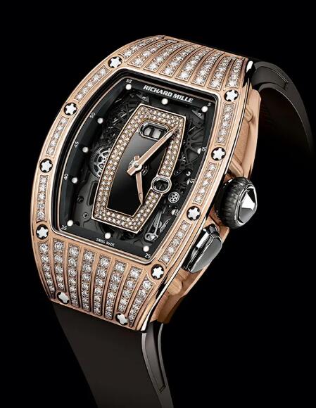 Review Richard Mille Replica Watch RM 037 Automatic Red Gold Diamond Black Rubber - Click Image to Close